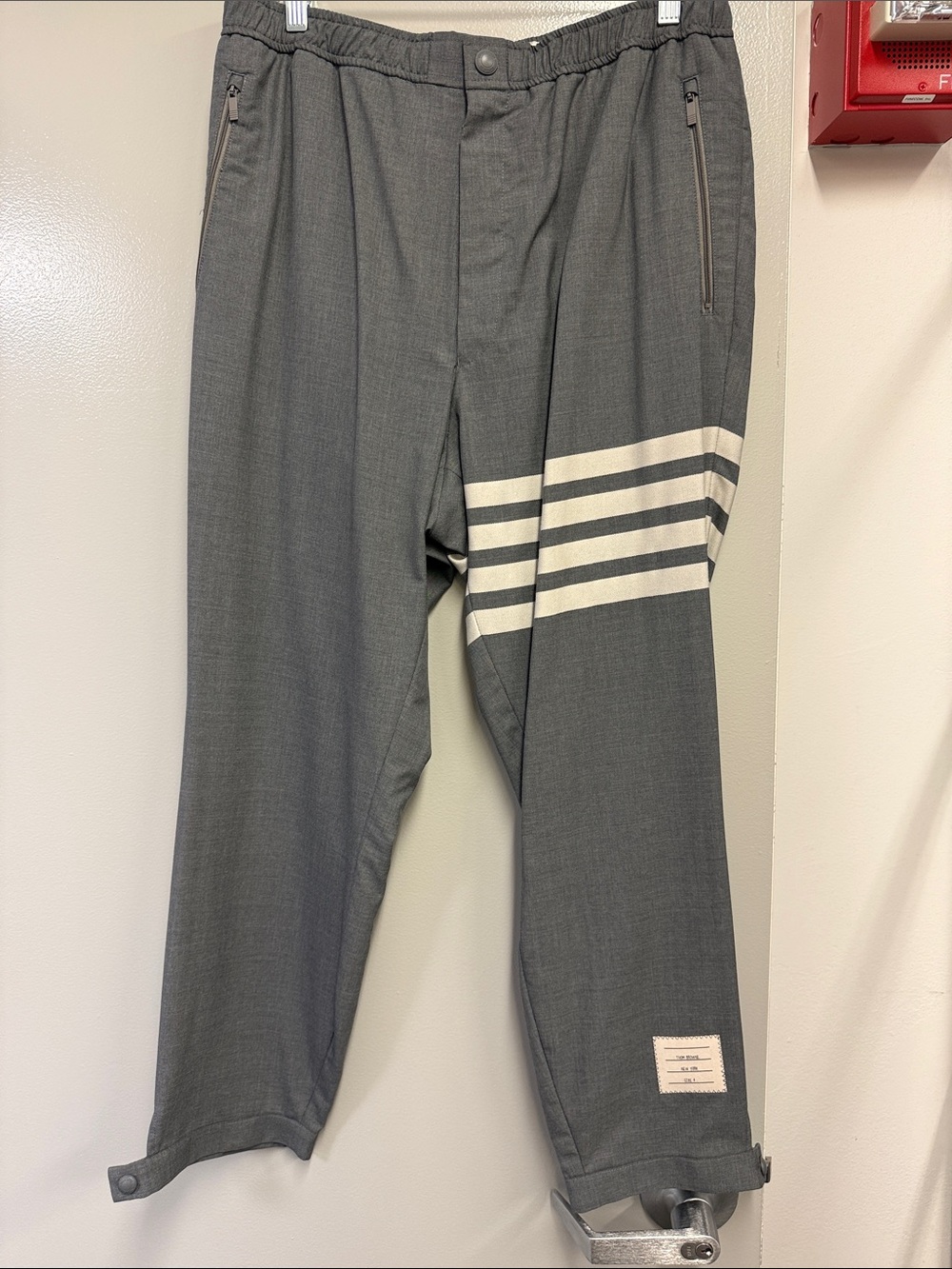 Thom Browne Men's Gray Track-Style Trousers with Stripe Detail